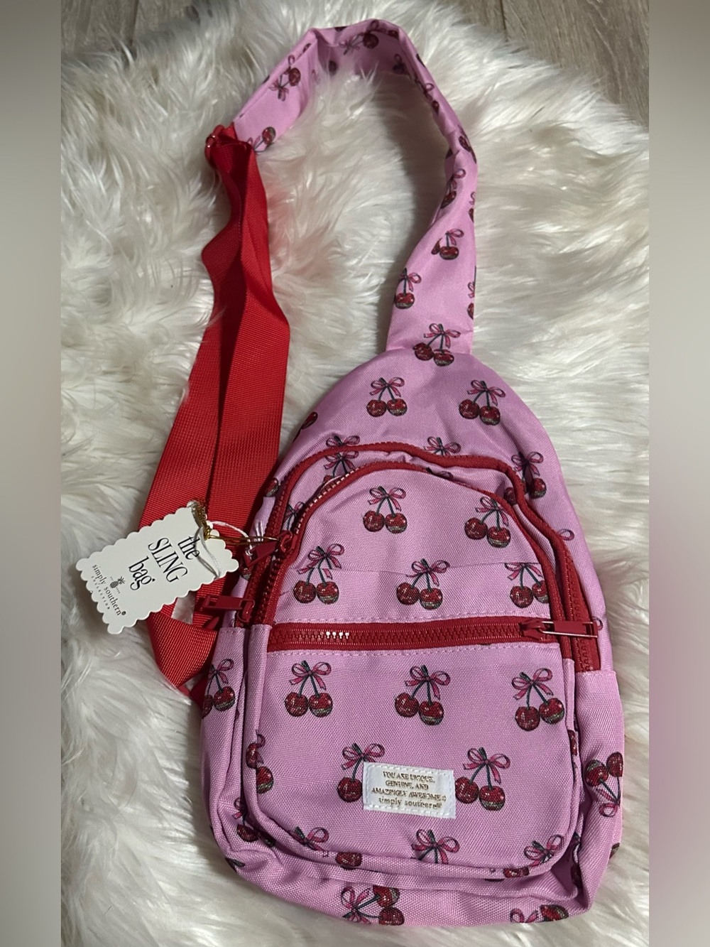 Simply Southern Pink Cherry Print Kids Sling Bag with Red Strap